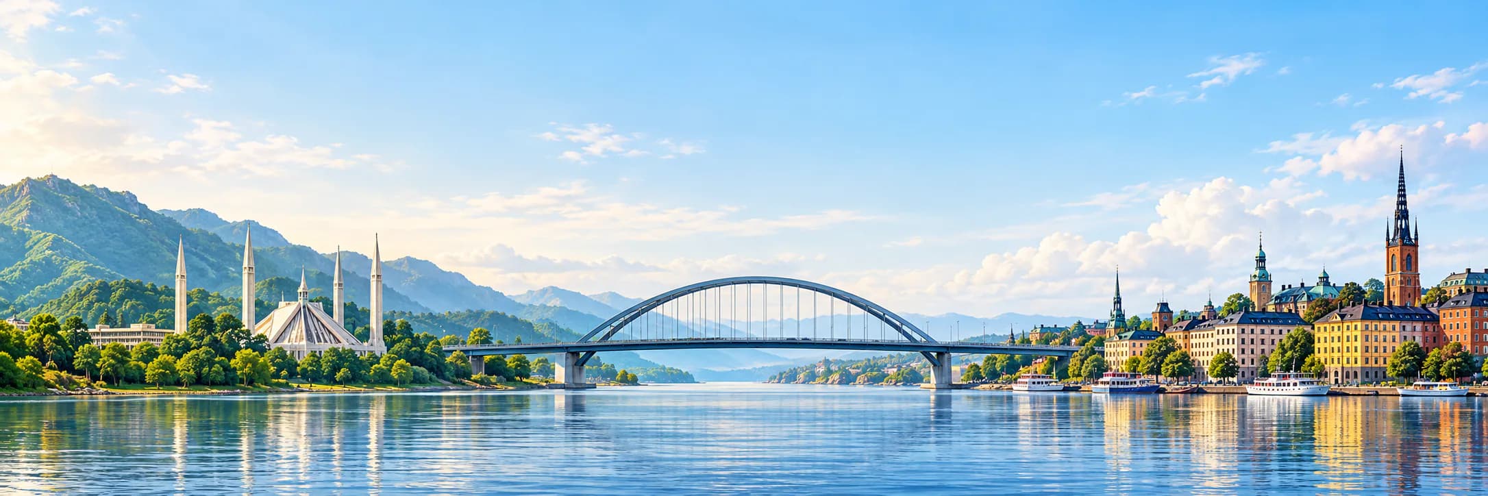Faisal Mosque and green hills on one shore, Stockholm on the other, connected by an arched bridge